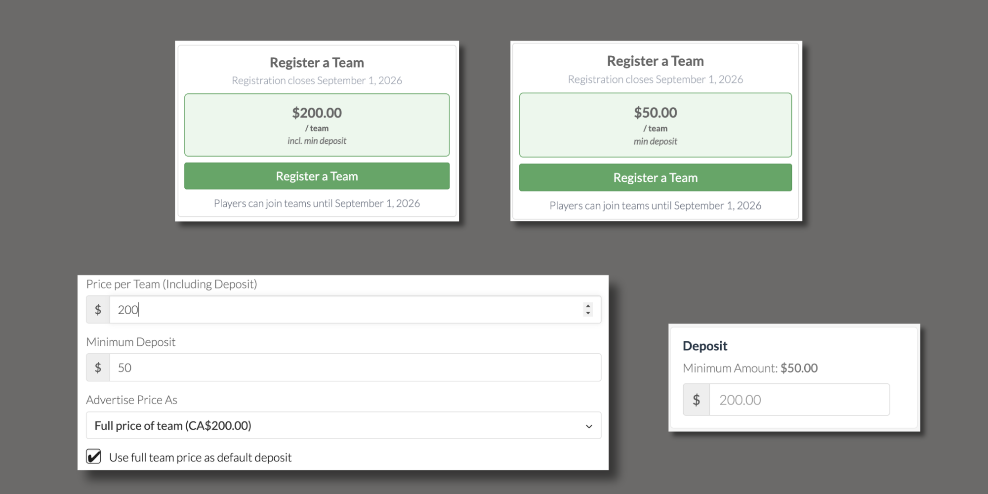 Team registration price display and default deposit settings